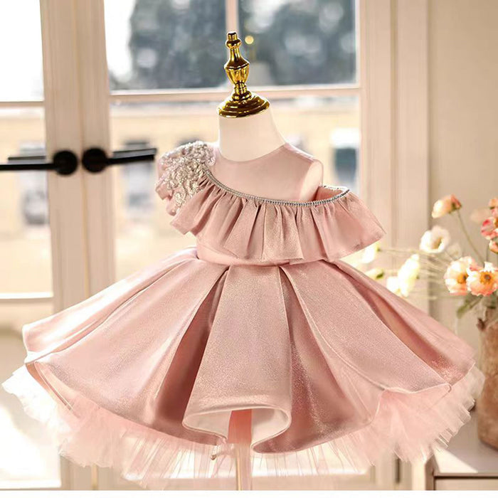 Lovely One-Shoulder Ruffled Satin Pearl Pink Girl Dress D014