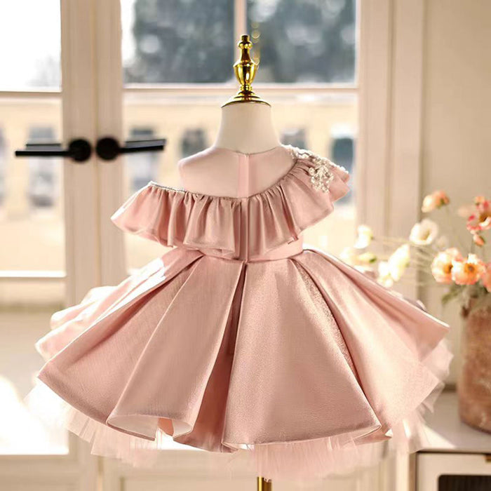 Lovely One-Shoulder Ruffled Satin Pearl Pink Girl Dress D014