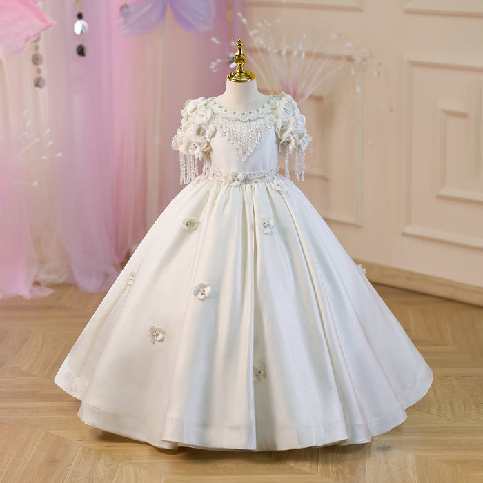 Luxury Appliqued Tassel Princess Girl Dress With Lace White J237