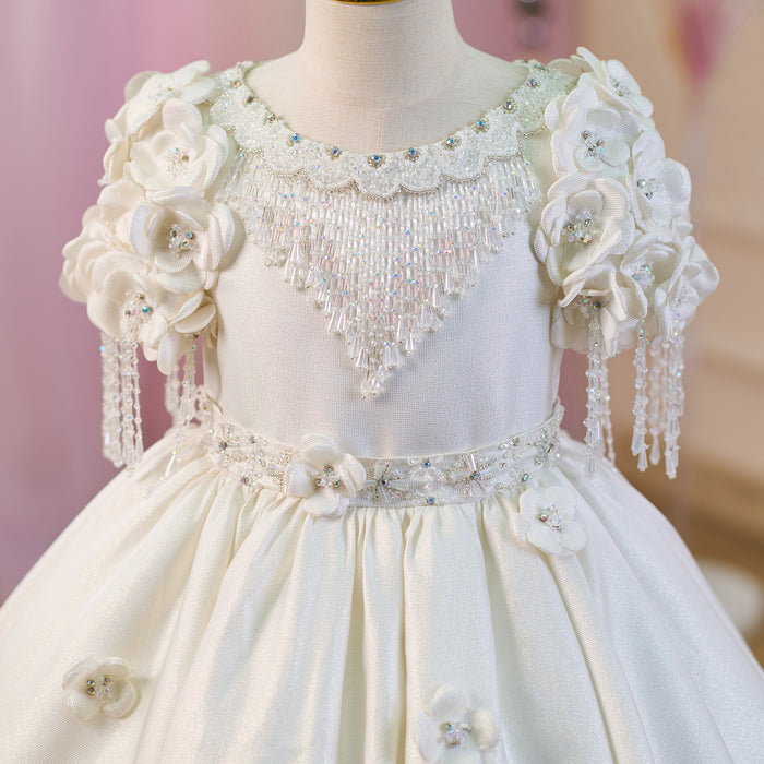 Luxury Appliqued Tassel Princess Girl Dress With Lace White J237