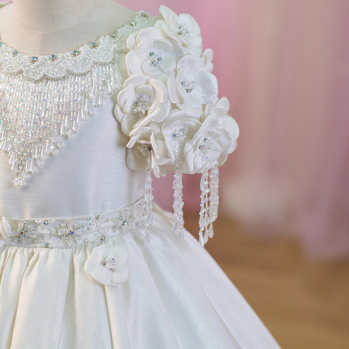 Luxury Appliqued Tassel Princess Girl Dress With Lace White J237