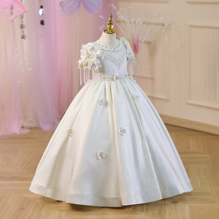 Luxury Appliqued Tassel Princess Girl Dress With Lace White J237