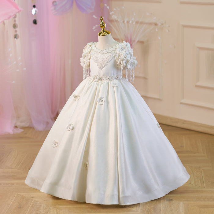 Luxury Appliqued Tassel Princess Girl Dress With Lace White J237