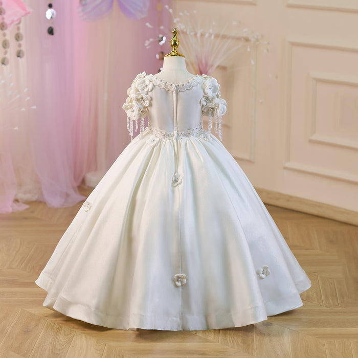 Luxury Appliqued Tassel Princess Girl Dress With Lace White J237
