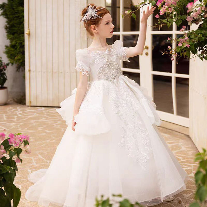 Luxury Beaded Heavy Tiered Flower Girl Dress Short Sleeve J168