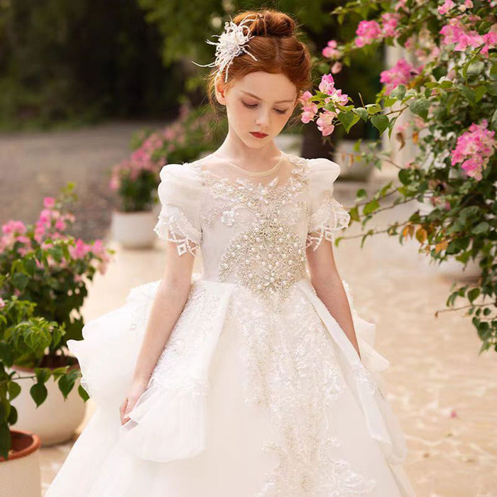 Luxury Beaded Heavy Tiered Flower Girl Dress Short Sleeve J168