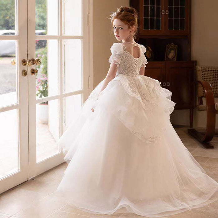 Luxury Beaded Heavy Tiered Flower Girl Dress Short Sleeve J168