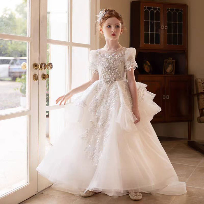 Luxury Beaded Heavy Tiered Flower Girl Dress Short Sleeve J168