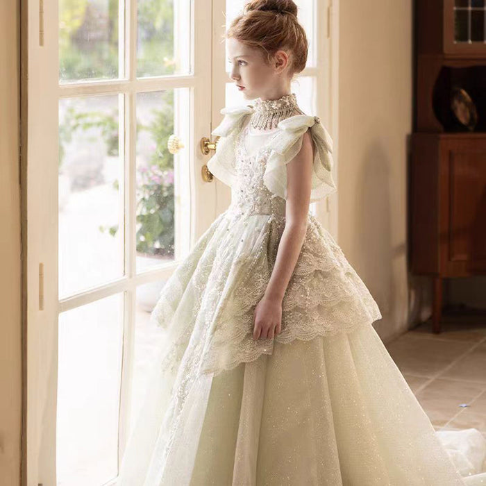 Luxury Beaded Lace Tiered Flower Girl Dress Princess J078