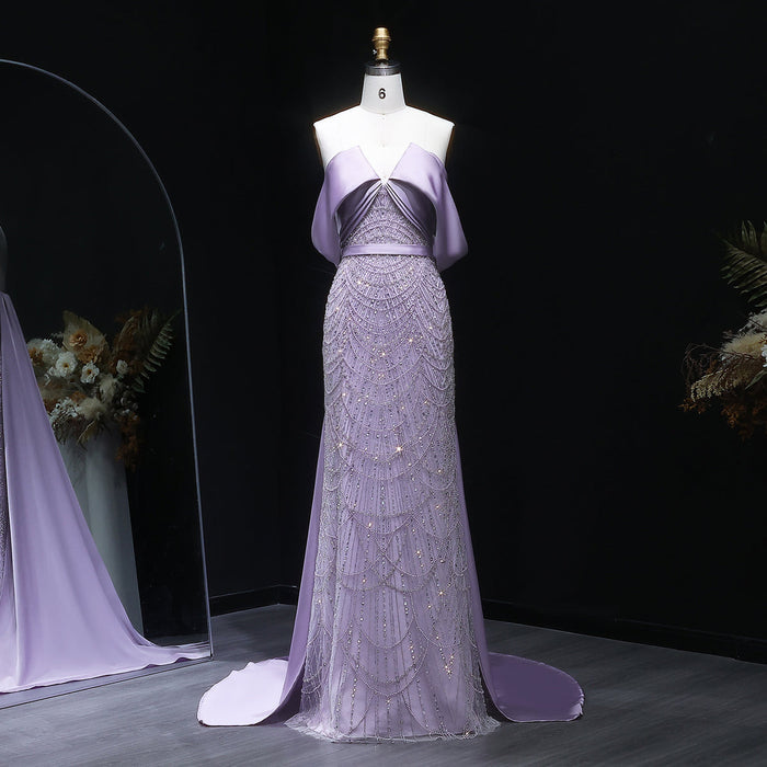 Luxury Beaded Off Shoulder Lilac Evening Dress SS624