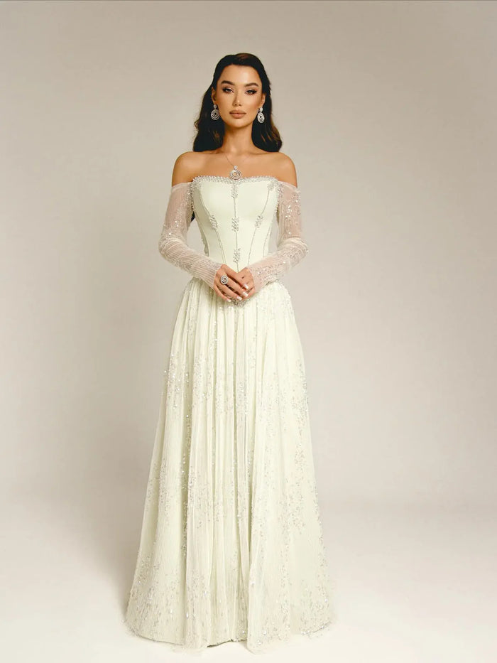 Luxury Beige Crystal Beaded Long Sleeve Evening Dress SS628-DreamyVow