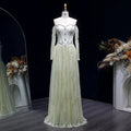 Luxury Beige Crystal Beaded Long Sleeve Evening Dress SS628-DreamyVow