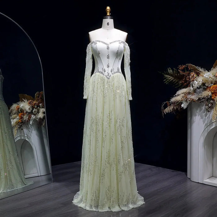 Luxury Beige Crystal Beaded Long Sleeve Evening Dress SS628-DreamyVow