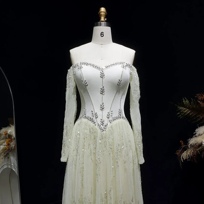 Luxury Beige Crystal Beaded Long Sleeve Evening Dress SS628-DreamyVow
