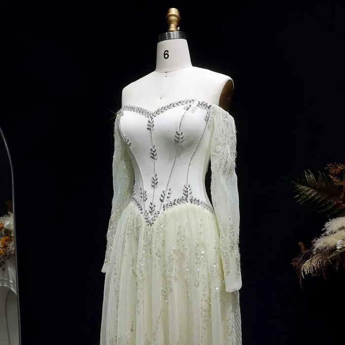 Luxury Beige Crystal Beaded Long Sleeve Evening Dress SS628-DreamyVow