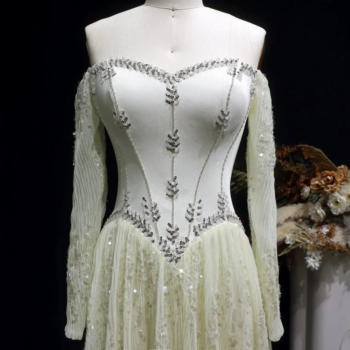 Luxury Beige Crystal Beaded Long Sleeve Evening Dress SS628-DreamyVow