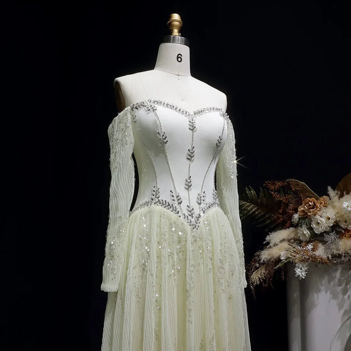 Luxury Beige Crystal Beaded Long Sleeve Evening Dress SS628-DreamyVow