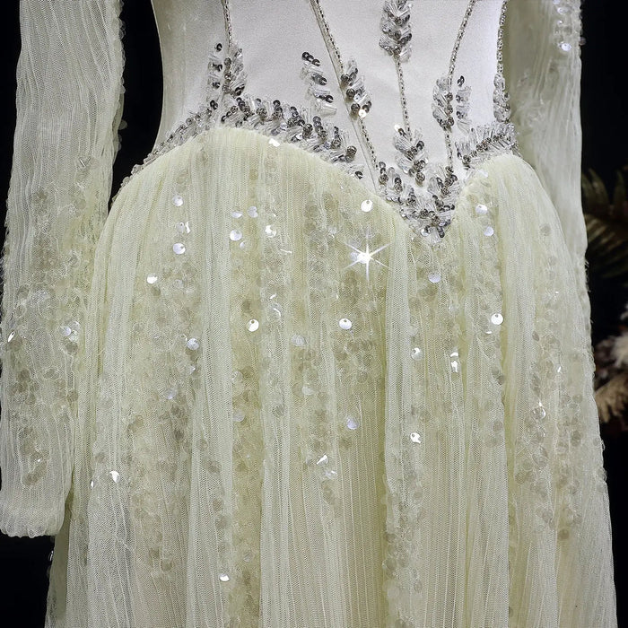 Luxury Beige Crystal Beaded Long Sleeve Evening Dress SS628-DreamyVow
