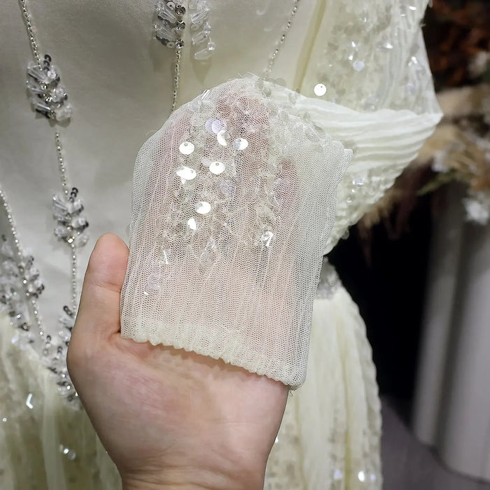 Luxury Beige Crystal Beaded Long Sleeve Evening Dress SS628-DreamyVow