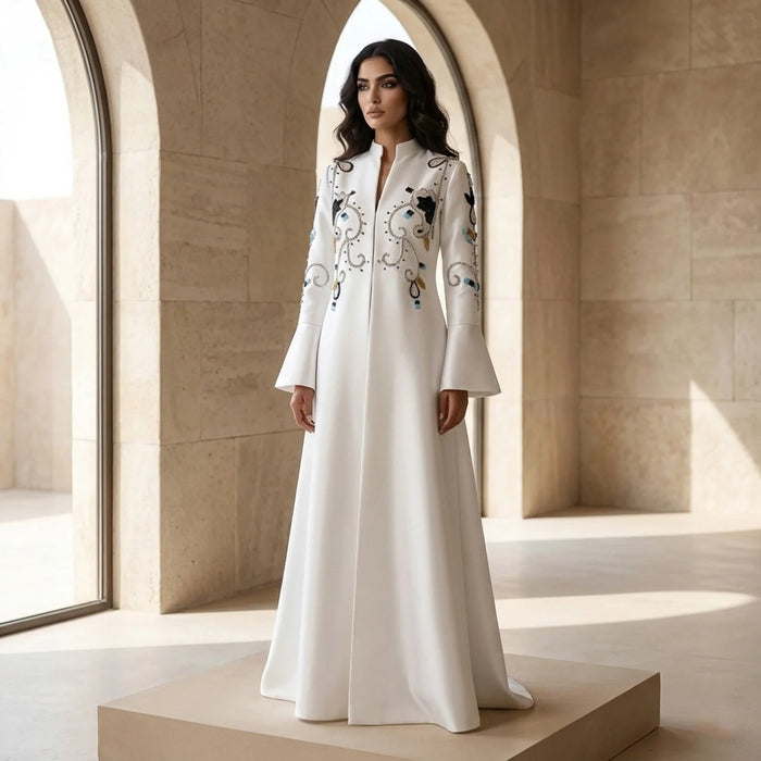 Luxury Black White Evening Dress with Mandarin Collar and Pearl Embroidery XD028-DreamyVow