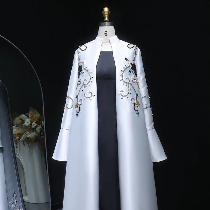 Luxury Black White Evening Dress with Mandarin Collar and Pearl Embroidery XD028-DreamyVow