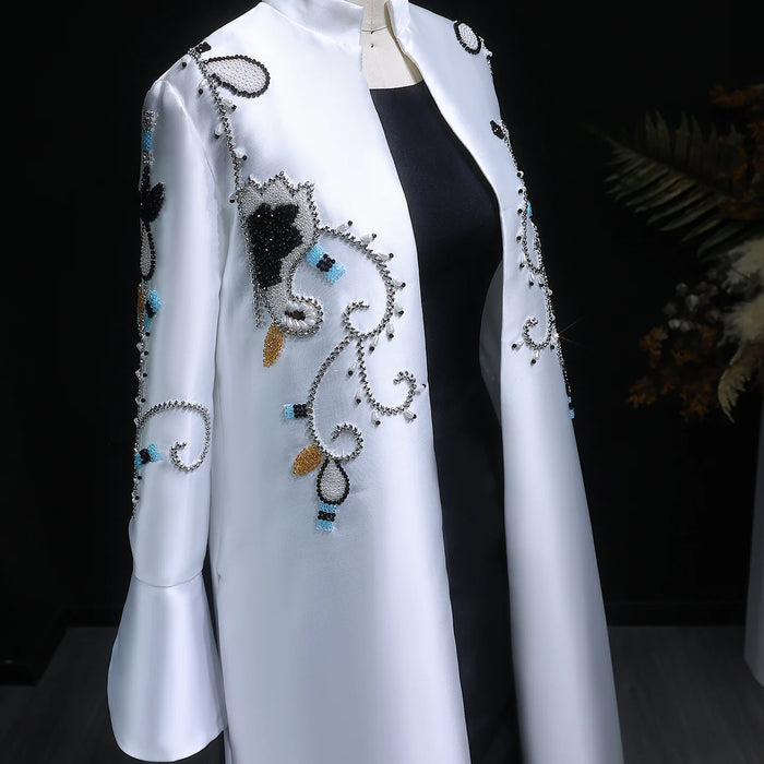 Luxury Black White Evening Dress with Mandarin Collar and Pearl Embroidery XD028-DreamyVow