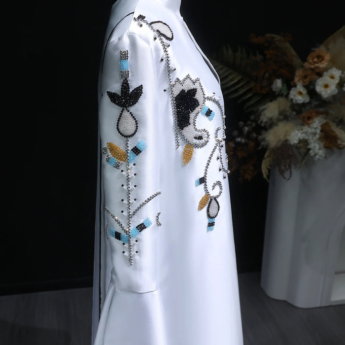 Luxury Black White Evening Dress with Mandarin Collar and Pearl Embroidery XD028-DreamyVow