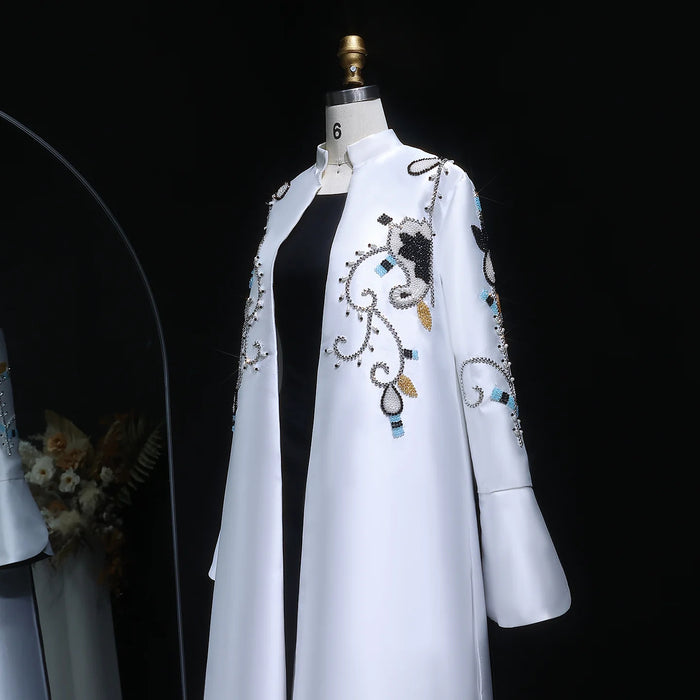 Luxury Black White Evening Dress with Mandarin Collar and Pearl Embroidery XD028-DreamyVow
