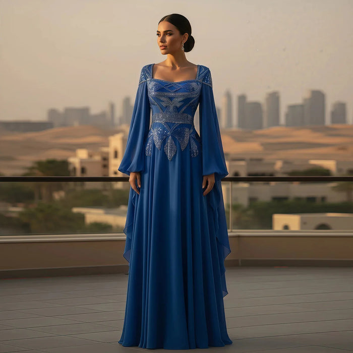 Luxury Blue Beaded Evening Dress with Flowing Cape Sleeves SS562-DreamyVow