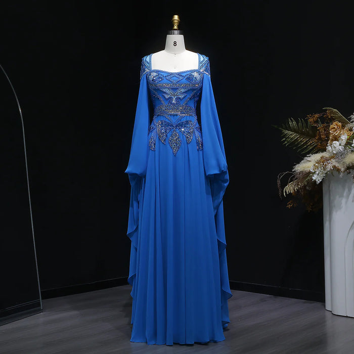 Luxury Blue Beaded Evening Dress with Flowing Cape Sleeves SS562-DreamyVow