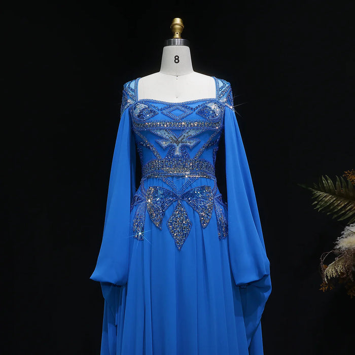 Luxury Blue Beaded Evening Dress with Flowing Cape Sleeves SS562-DreamyVow