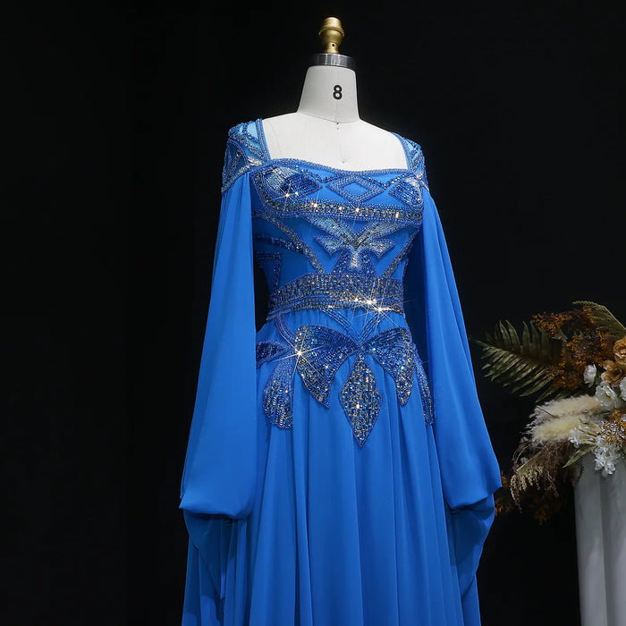Luxury Blue Beaded Evening Dress with Flowing Cape Sleeves SS562-DreamyVow