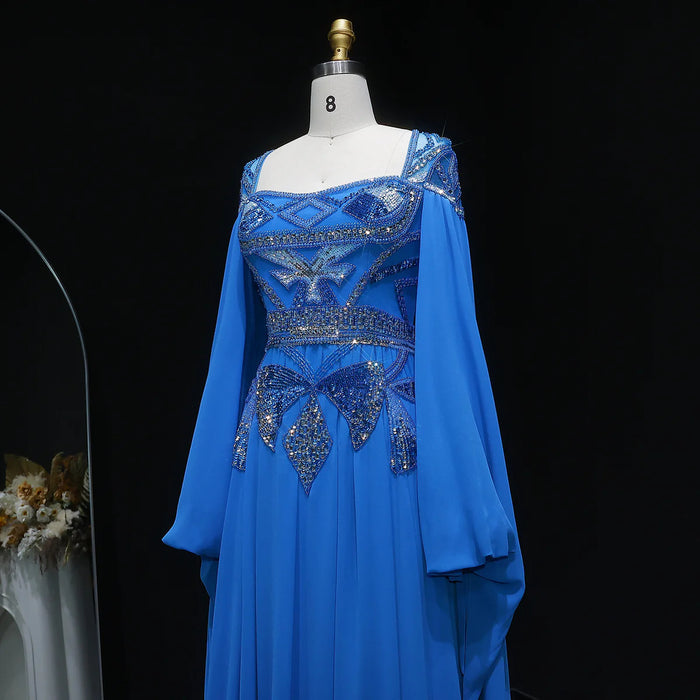 Luxury Blue Beaded Evening Dress with Flowing Cape Sleeves SS562-DreamyVow