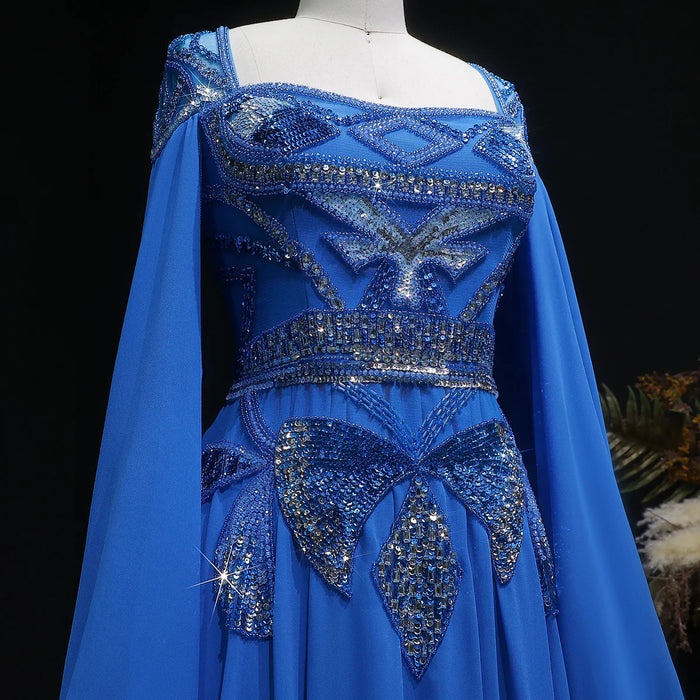 Luxury Blue Beaded Evening Dress with Flowing Cape Sleeves SS562-DreamyVow