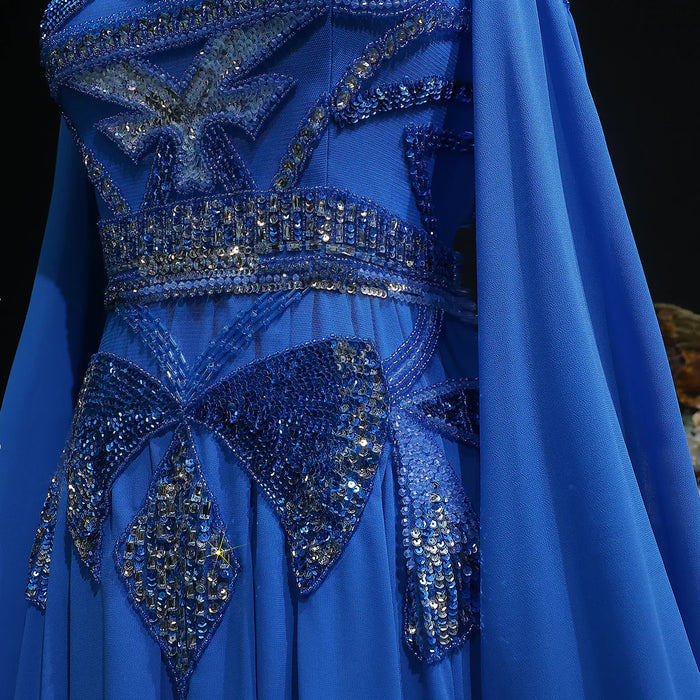 Luxury Blue Beaded Evening Dress with Flowing Cape Sleeves SS562-DreamyVow