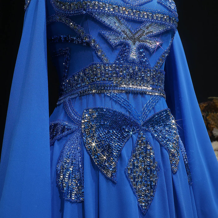 Luxury Blue Beaded Evening Dress with Flowing Cape Sleeves SS562-DreamyVow