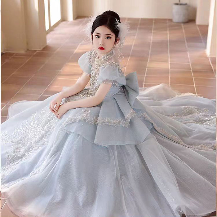 Luxury Blue Crystal Princess Party Girl Dress with Bow J333
