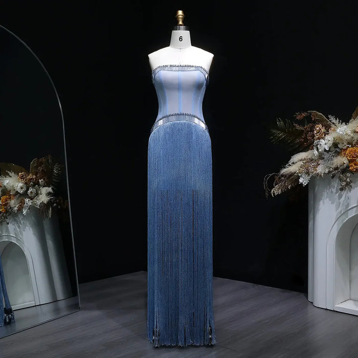 Luxury Blue Strapless Crystal Fringe Evening Dress SS520-DreamyVow