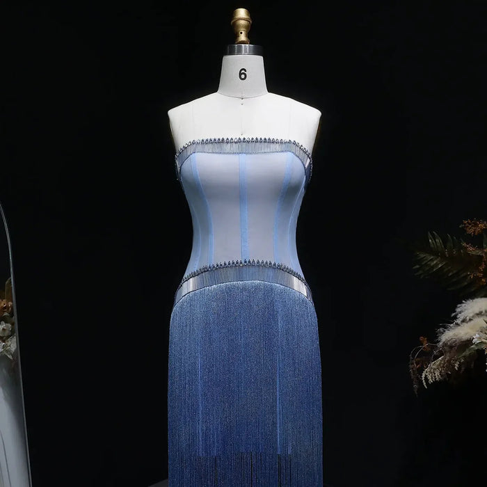 Luxury Blue Strapless Crystal Fringe Evening Dress SS520-DreamyVow