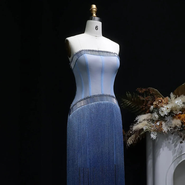 Luxury Blue Strapless Crystal Fringe Evening Dress SS520-DreamyVow