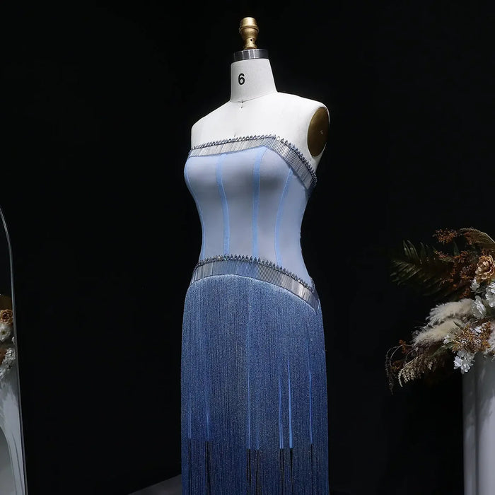 Luxury Blue Strapless Crystal Fringe Evening Dress SS520-DreamyVow