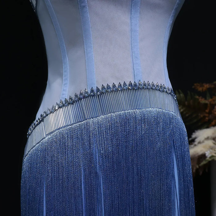 Luxury Blue Strapless Crystal Fringe Evening Dress SS520-DreamyVow