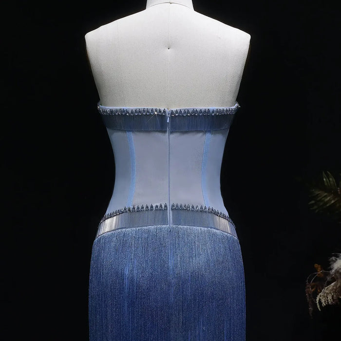 Luxury Blue Strapless Crystal Fringe Evening Dress SS520-DreamyVow