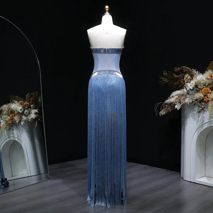 Luxury Blue Strapless Crystal Fringe Evening Dress SS520-DreamyVow
