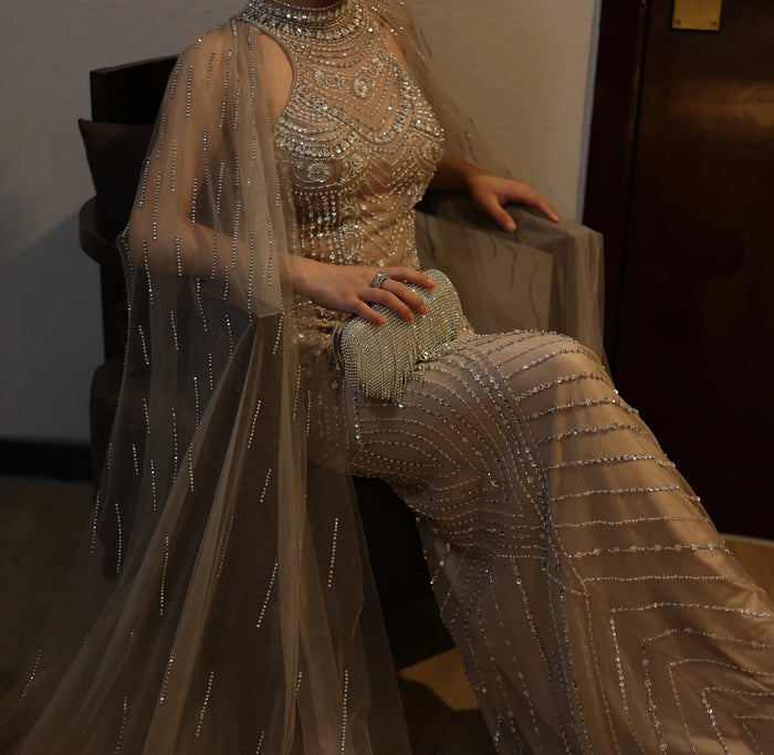 Luxury Dubai Champagne Mermaid Evening Dresses with Cape Sleeves SS077