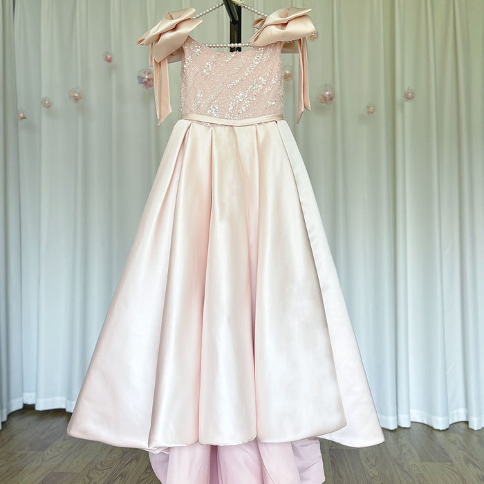 Luxury Elegant Pink Flower Girl Dress with Bow J113