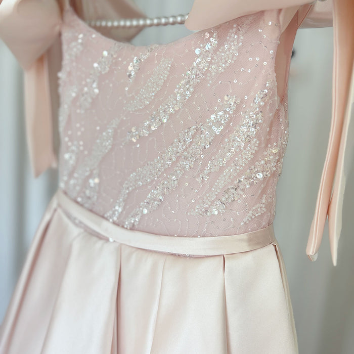 Luxury Elegant Pink Flower Girl Dress with Bow J113