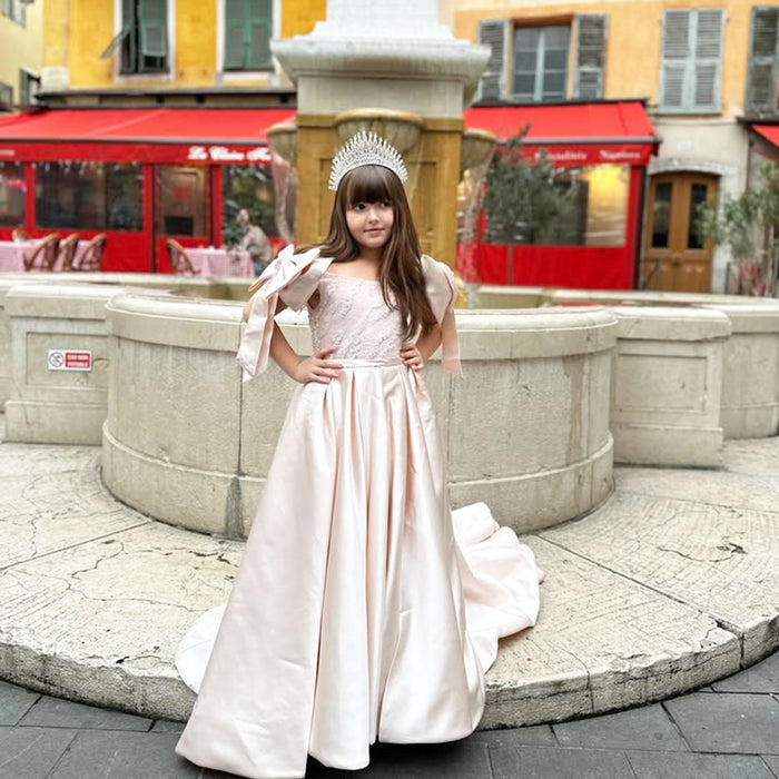 Luxury Elegant Pink Flower Girl Dress with Bow J113