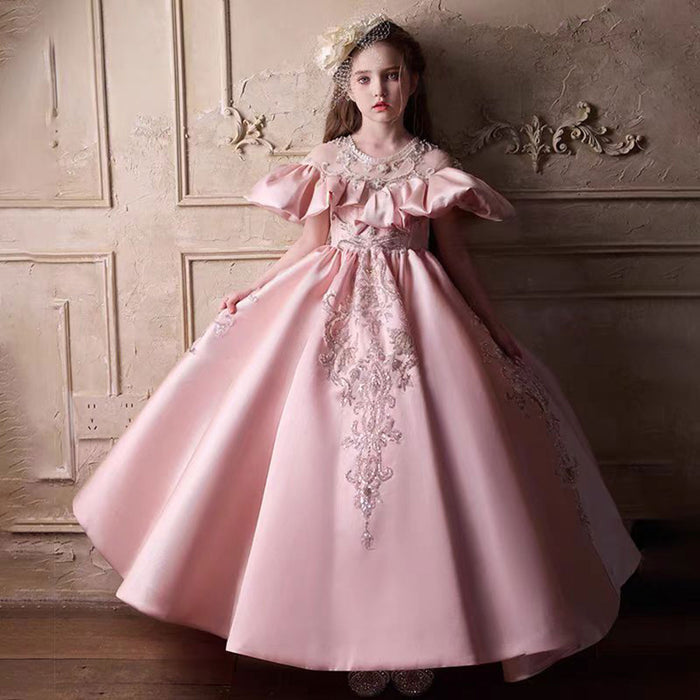 Luxury Embroidered Lace Stain Flower Princess Girl Dress Pink J255
