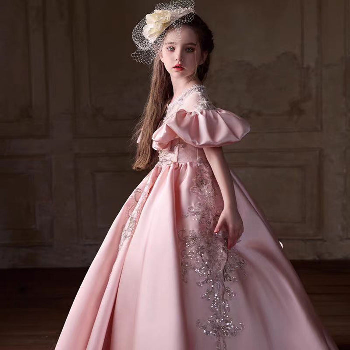 Luxury Embroidered Lace Stain Flower Princess Girl Dress Pink J255